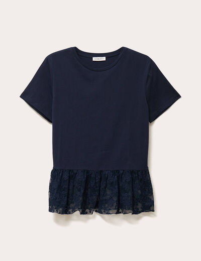 T-shirt manches courtes en dentelle bleu marine femme