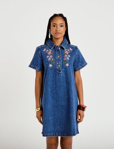 Robe droite courte en jean col chemise denim stone femme