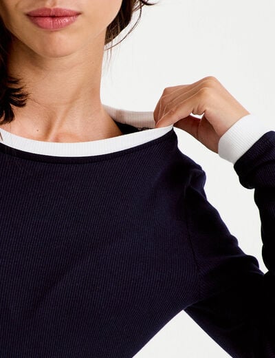 T-shirt 2-en-1 col rond manches longues bleu marine femme
