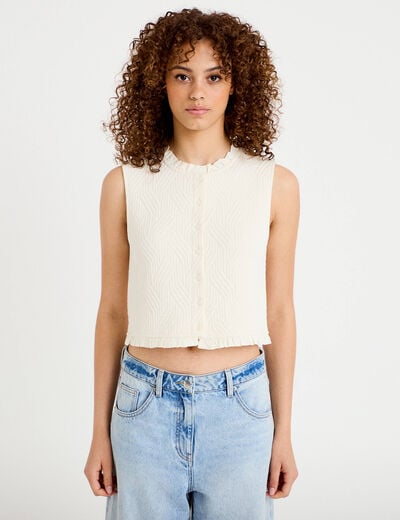 Gilet sans manches col am&eacute;ricain ecru femme