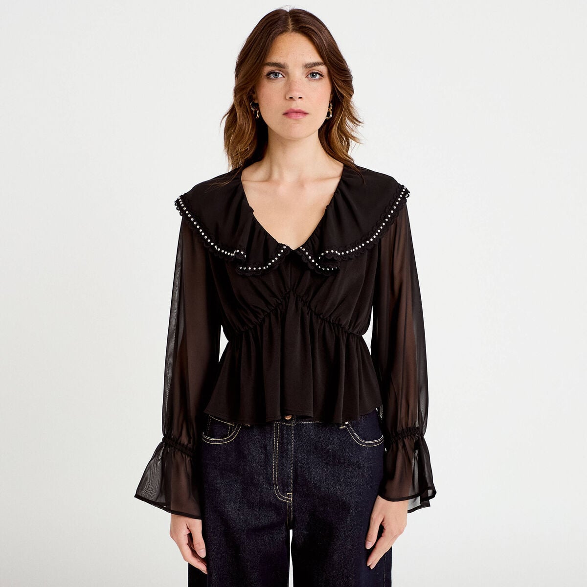 Blouse col claudine bas resserr&eacute; noir femme