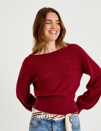 Pull ajour&eacute; col bateau manches longues rouge fonc&eacute; femme