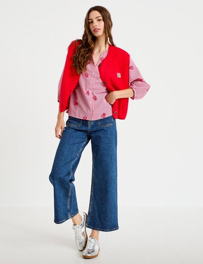 Blouse col v manches 3/4 broderie rouge femme