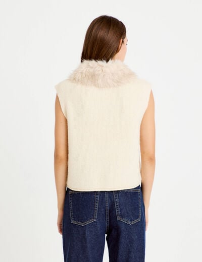 Gilet manches courtes fausse fourrure ecru femme