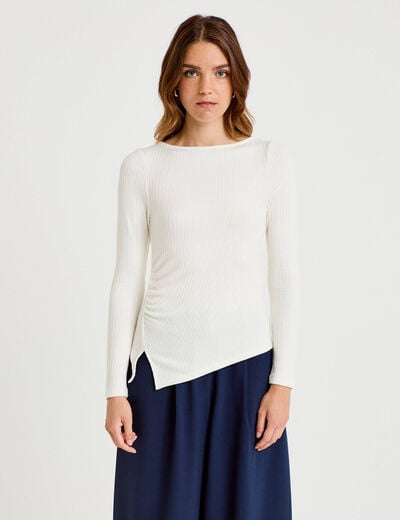Top ajust&eacute; manches longues col rond ecru femme