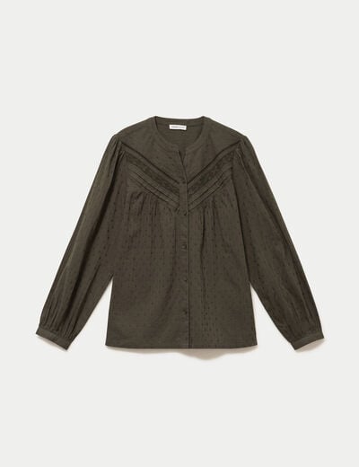 Blouse droite col rond manches longues vert kaki femme