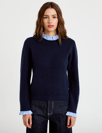 Pull col chemise manches longues bleu marine femme