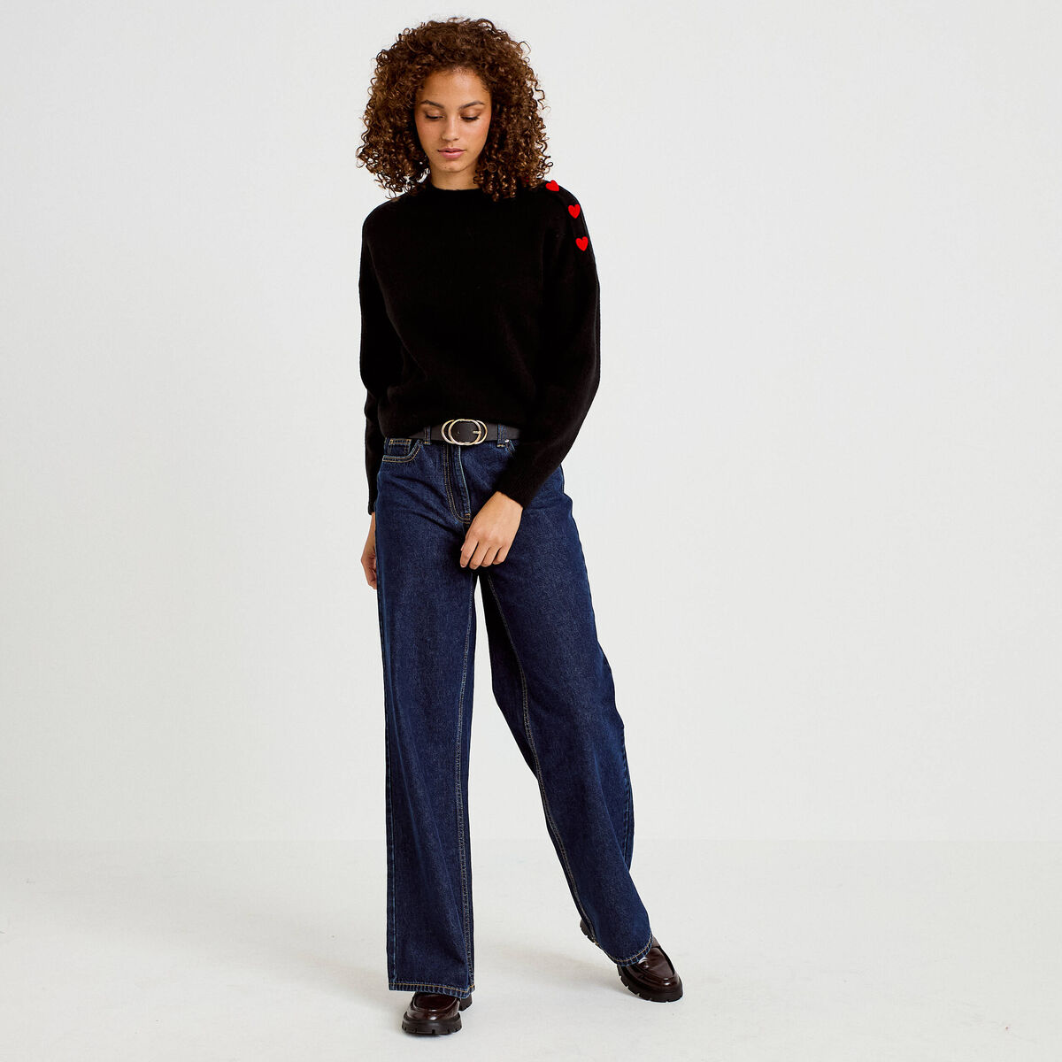 Pull ample col rond manches longues noir femme