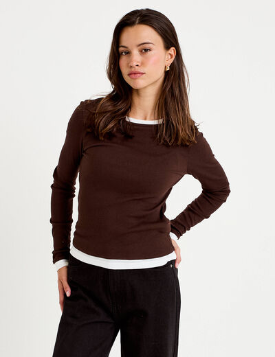 T-shirt 2-en-1 col rond manches longues marron fonc&eacute; femme