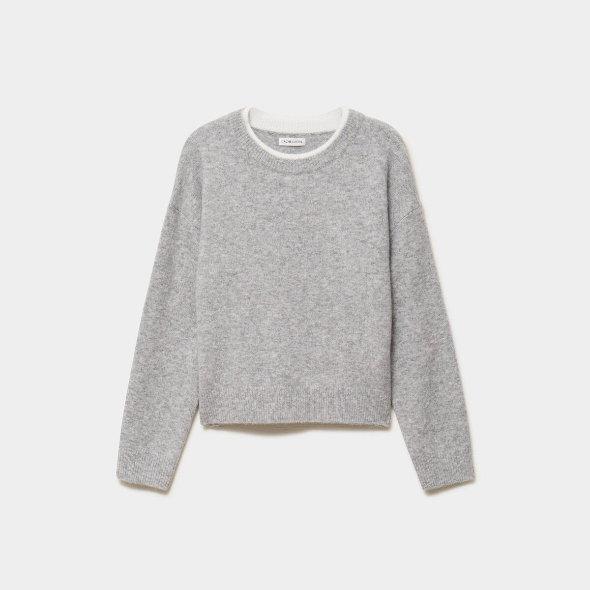 Pull col rond manches longues gris clair femme
