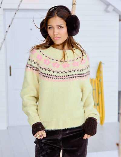 Pull col rond manches longues jaune clair femme