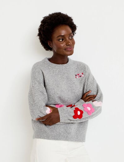Pull oversize broderie col rond gris clair femme