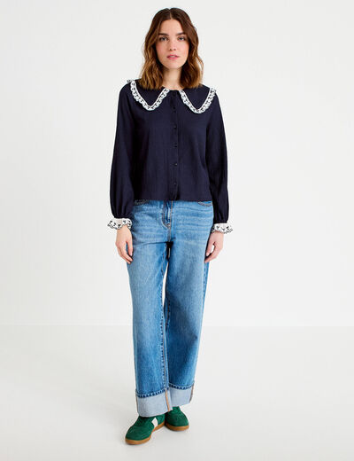 Blouse broderie manches longues bleu marine femme