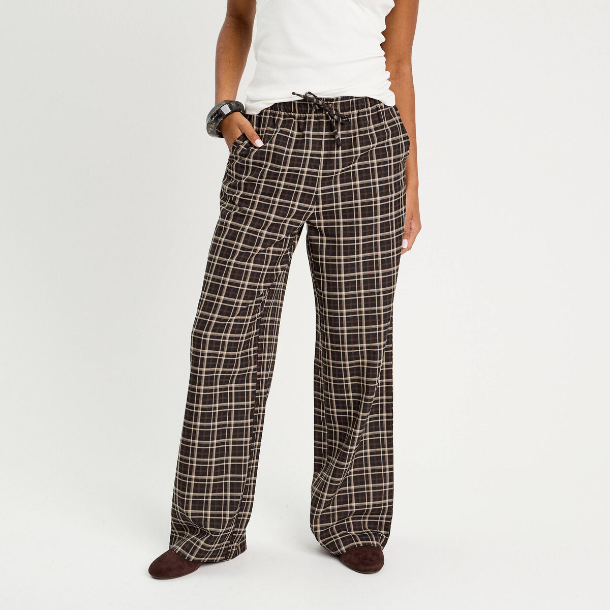 Pantalon large &eacute;lastiqu&eacute; marron chocolat femme