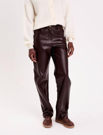 Pantalon droit similicuir marron fonc&eacute; femme