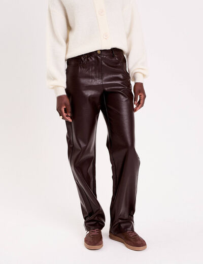 Pantalon droit similicuir marron fonc&eacute; femme