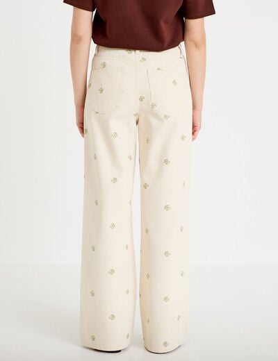 Jean wide leg broderie taille haute denim blanc femme