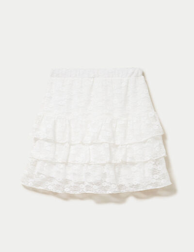 Jupe courte trap&egrave;ze en dentelle ecru femme