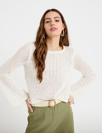 Pull ajour&eacute; manches longues dentelle ecru femme