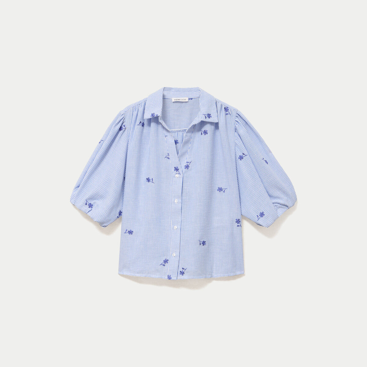 Chemise droite col classique manches 3/4 bleu clair femme