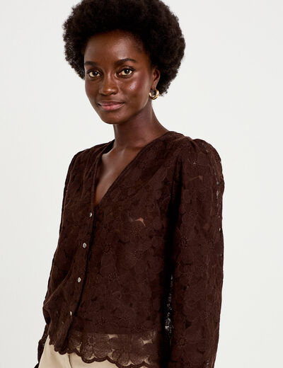 Blouse droite col v en dentelle marron fonc&eacute; femme
