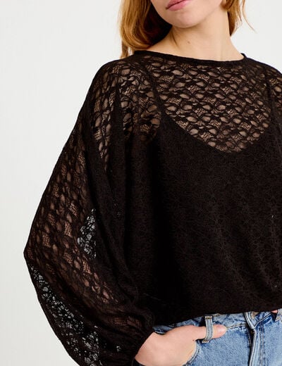 Blouse dentelle col rond manches longues noir femme