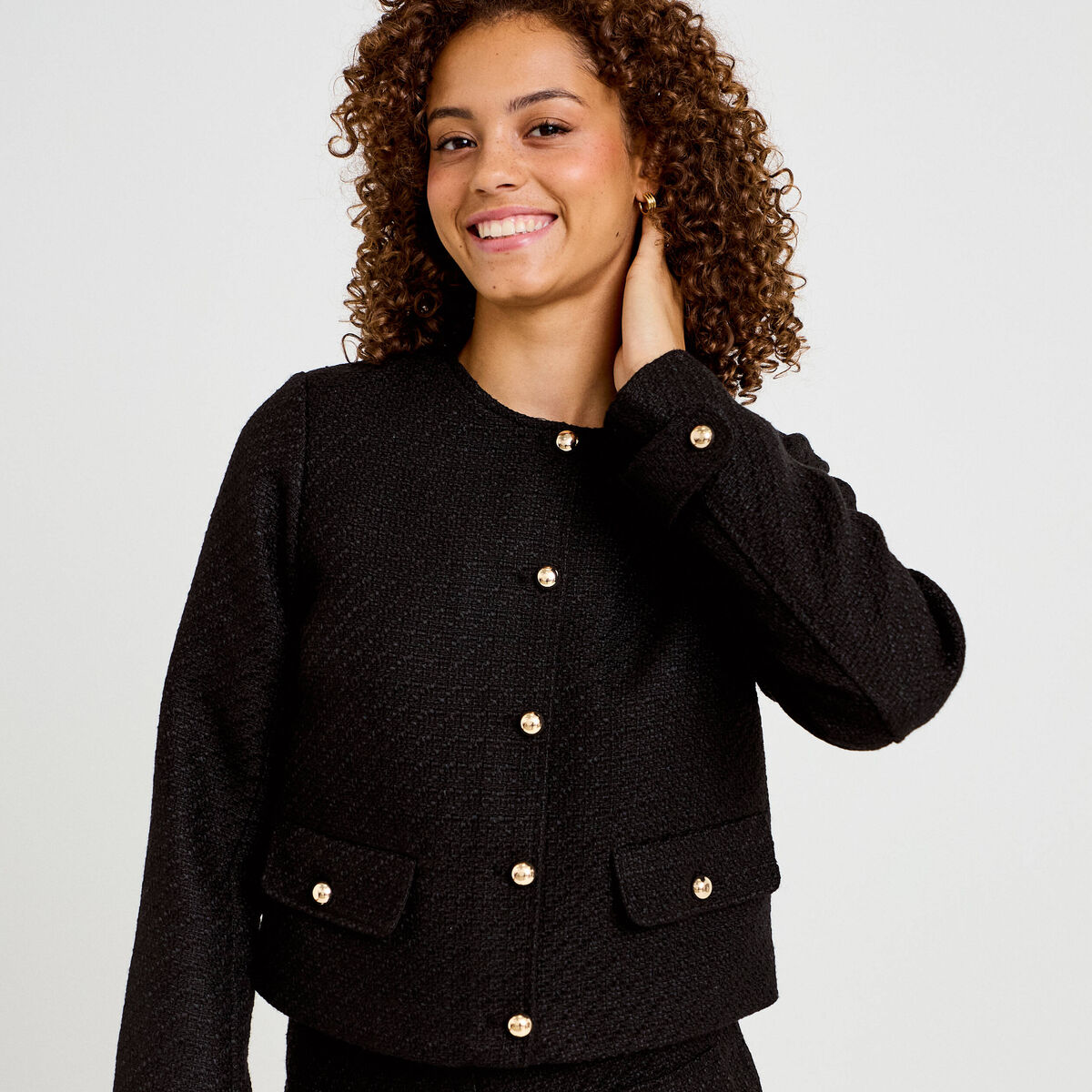 Veste tweed cintr&eacute;e cropped col mao noir femme