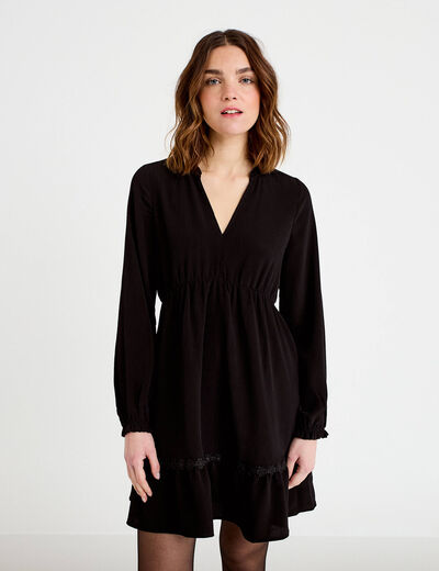 Robe &eacute;vas&eacute;e col v manches longues noir femme