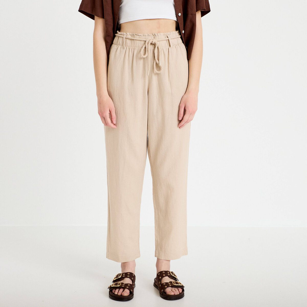 Pantalon large 7/8&egrave;me taille haute sable femme