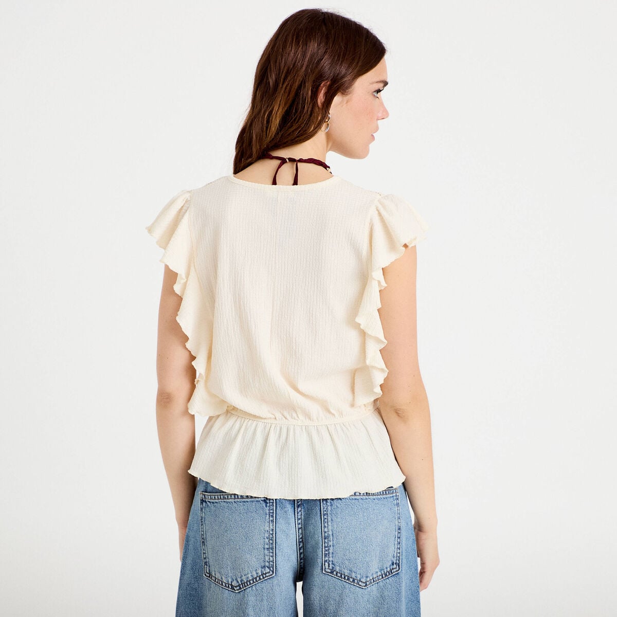 Blouse col rond manches courtes dentelle ecru femme