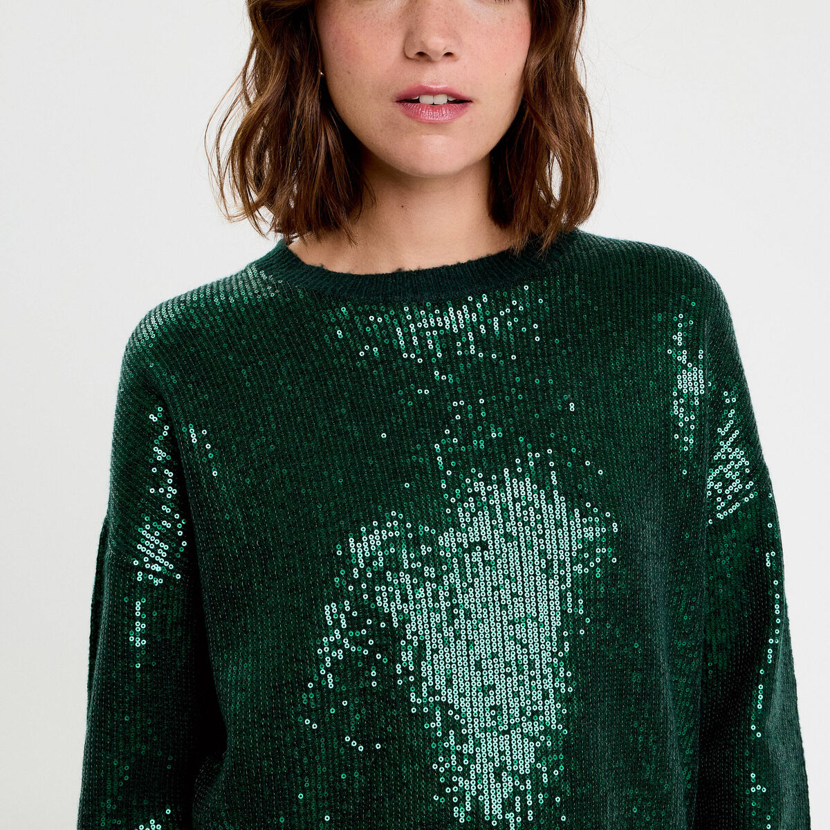 Pull manches longues avec sequins vert fonc&eacute; femme