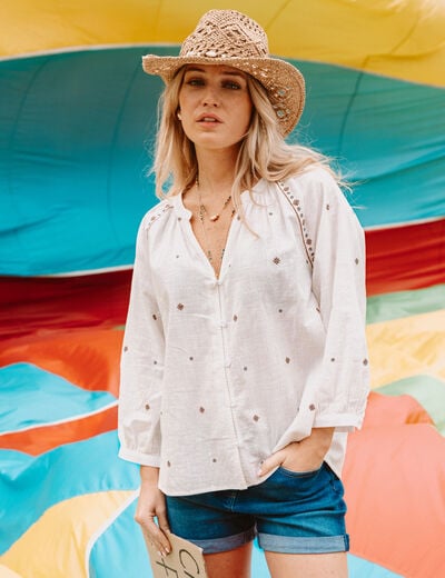 Blouse ample col tunisien manches 3/4 ecru femme