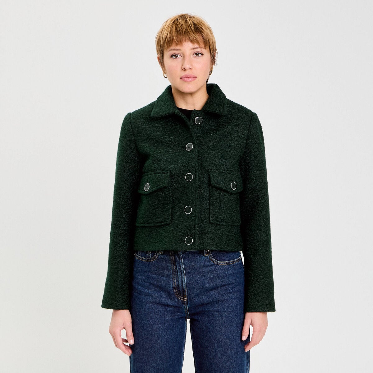 Veste bouclette boutonn&eacute;e vert fonc&eacute; femme