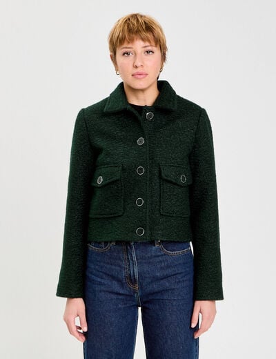 Veste bouclette boutonn&eacute;e vert fonc&eacute; femme
