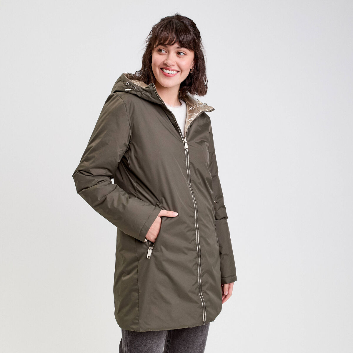 Parka &agrave; capuche r&eacute;versible vert kaki femme