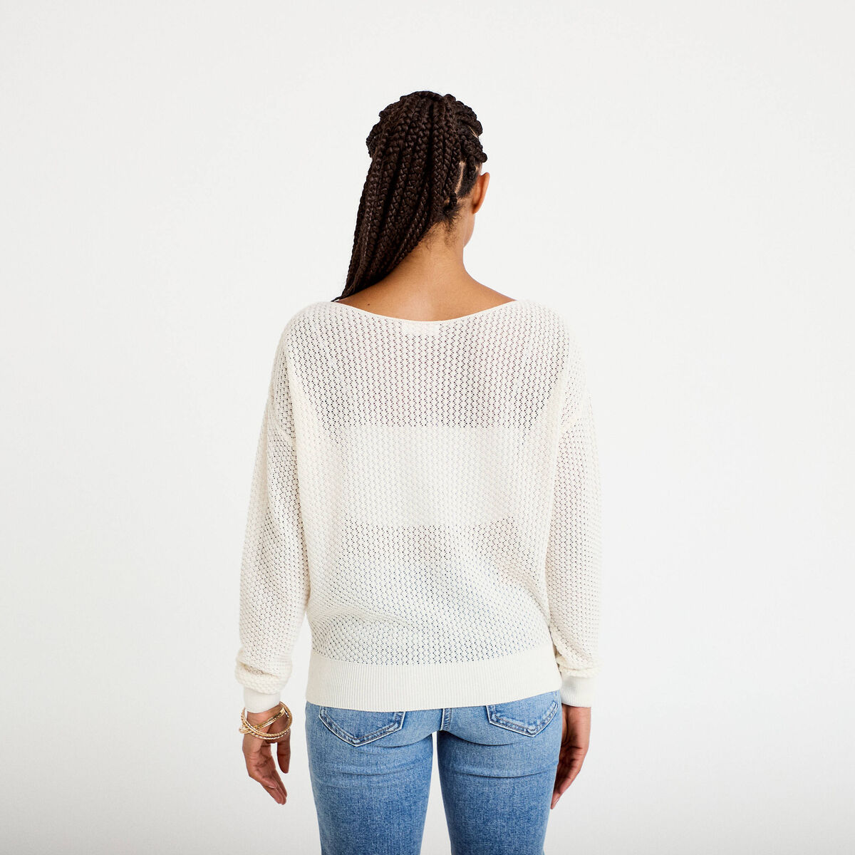 Pull ample ajour&eacute; manches longues ecru femme