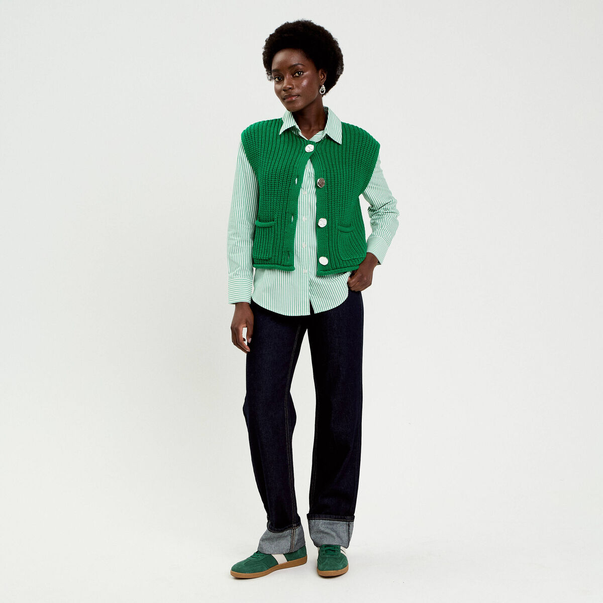 Chemise ray&eacute;e broderies fantaisie vert clair femme