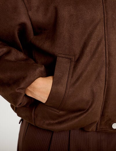 Veste effet boule col montant marron chocolat femme