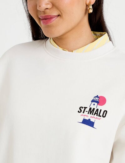 Sweat col rond manches longues ecru femme