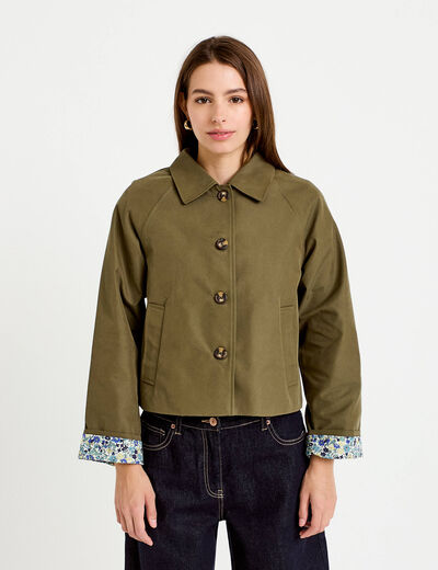 Veste courte boutonn&eacute;e doublure vichy vert kaki femme