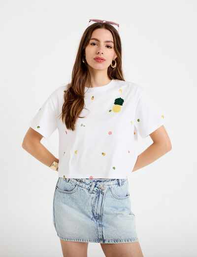 T-shirt droit cropped manches courtes blanc femme