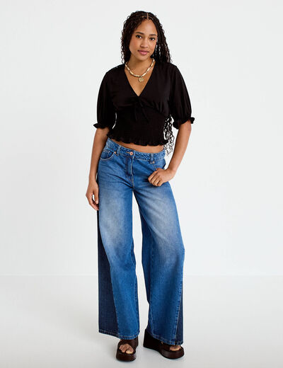Blouse manches courtes smock&eacute;e noir femme