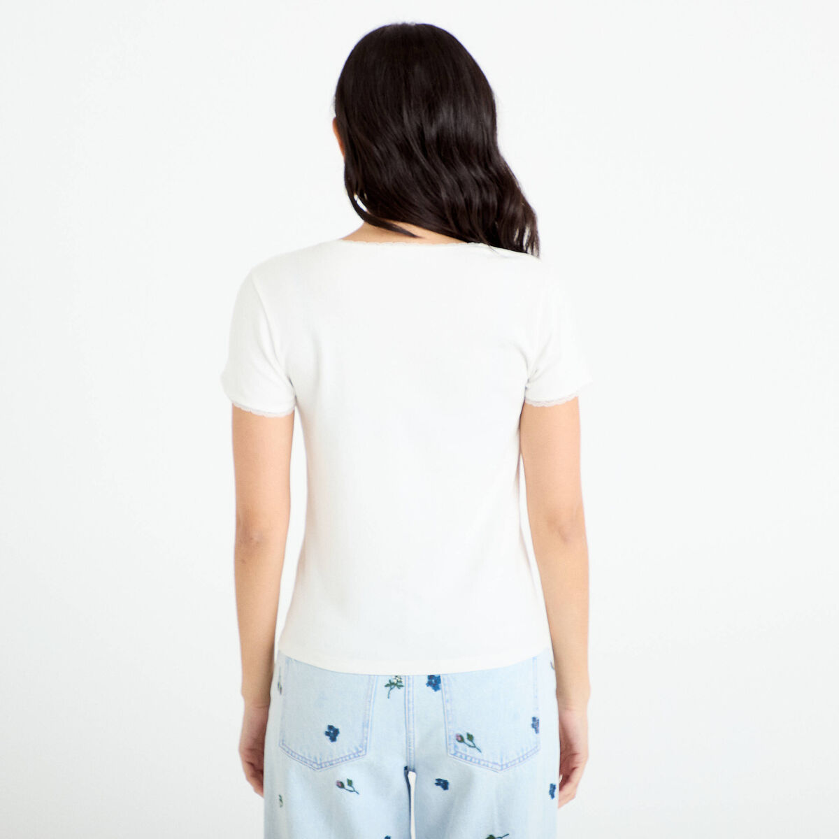 T-shirt col rond brod&eacute; Bridgerton ecru femme