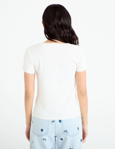 T-shirt col rond brod&eacute; Bridgerton ecru femme
