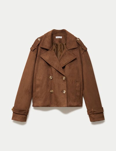 Trench droit manches longues aspect daim marron femme