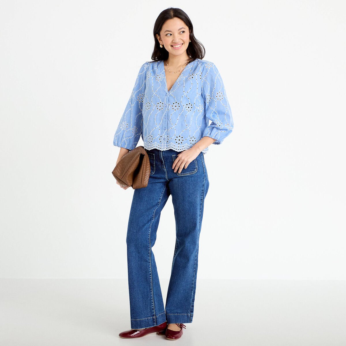 Blouse broderie anglaise bleu gris femme