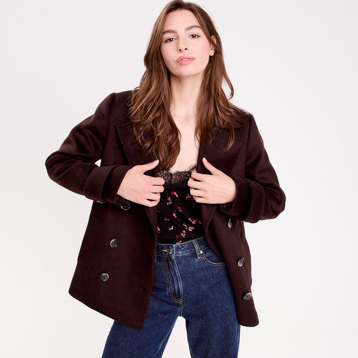 Caban col tailleur manches longues marron fonc&eacute; femme