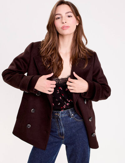 Caban col tailleur manches longues marron fonc&eacute; femme
