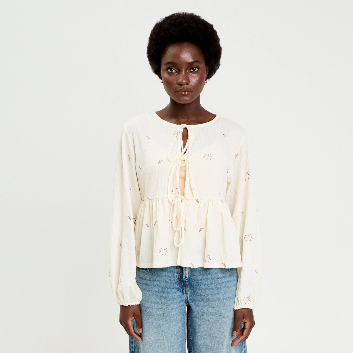 Blouse manches longues en cr&ecirc;pe blanc femme