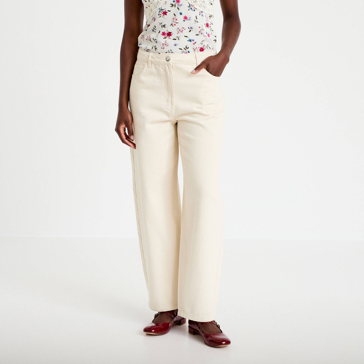 Pantalon balloon broderie taille basse ecru femme